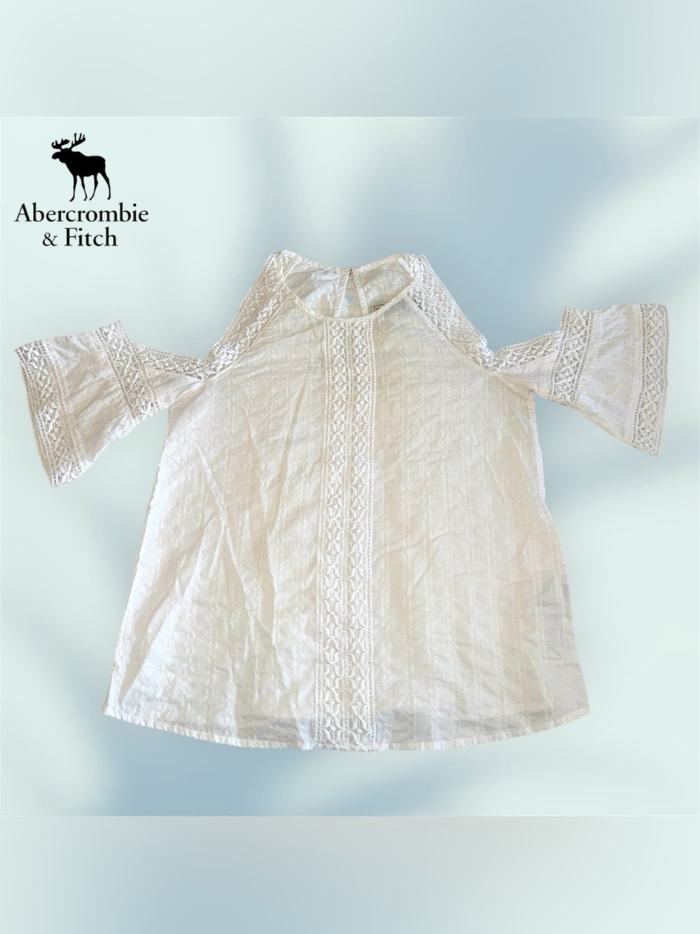 🛍️SALE🛍️ Abercrombie & Fitch 100% Cotton White Cold-Shoulder Lace-Trim Blouse - Picture 2 of 5